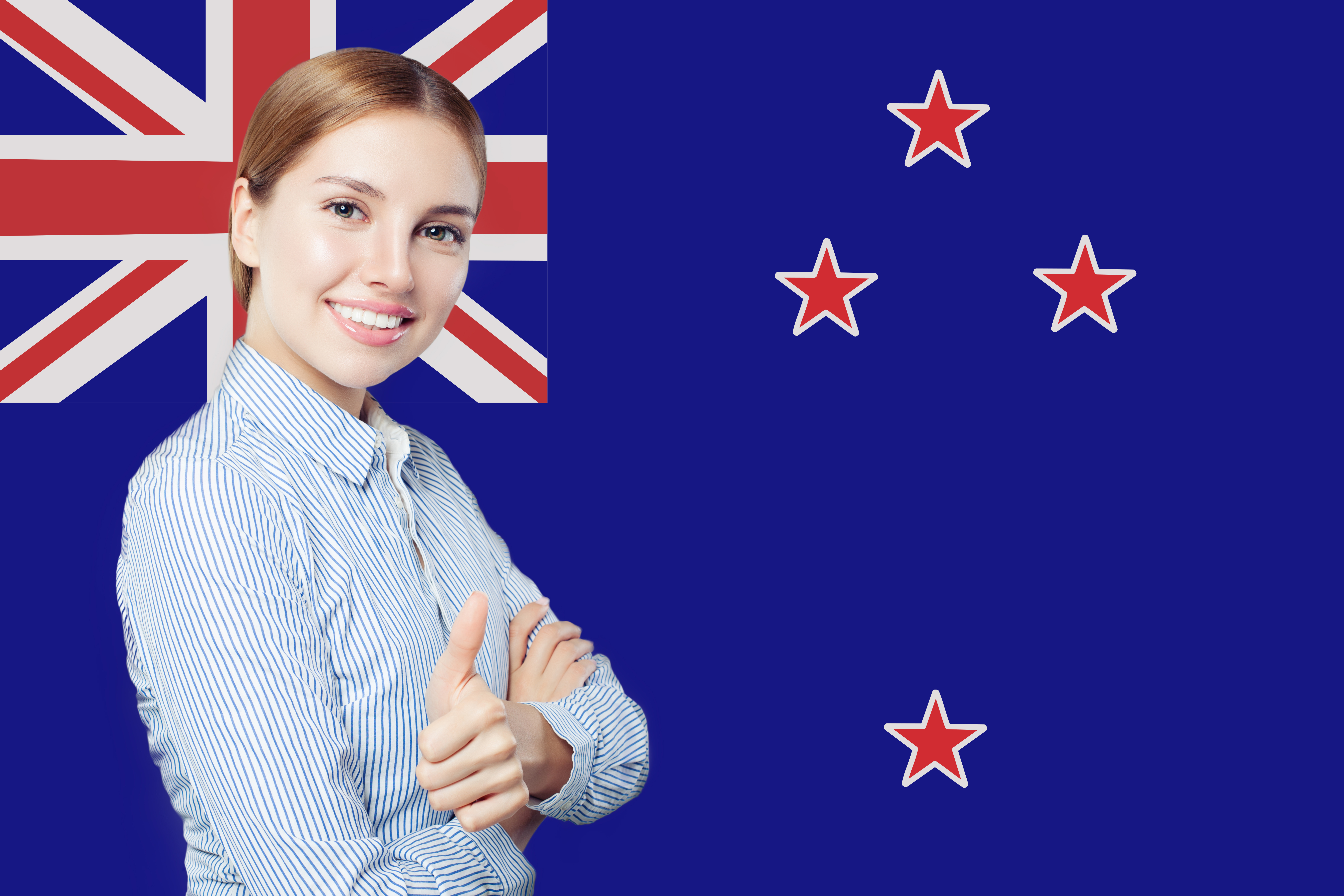 Девушка на фоне флага Новой Зеландии, работа в которой доступна для иностранцев
