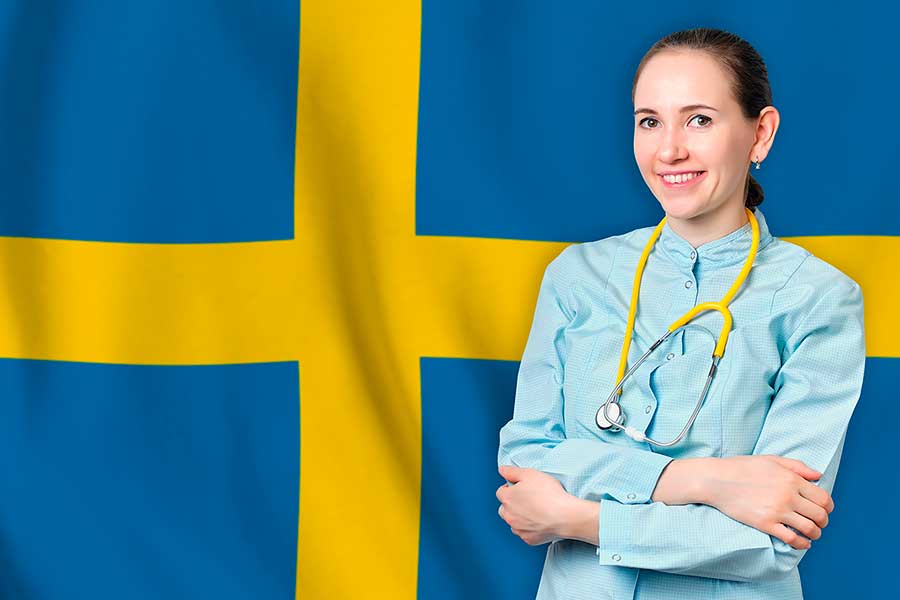Врач на фоне флага Швеции, работа в которой доступна для иностранцев