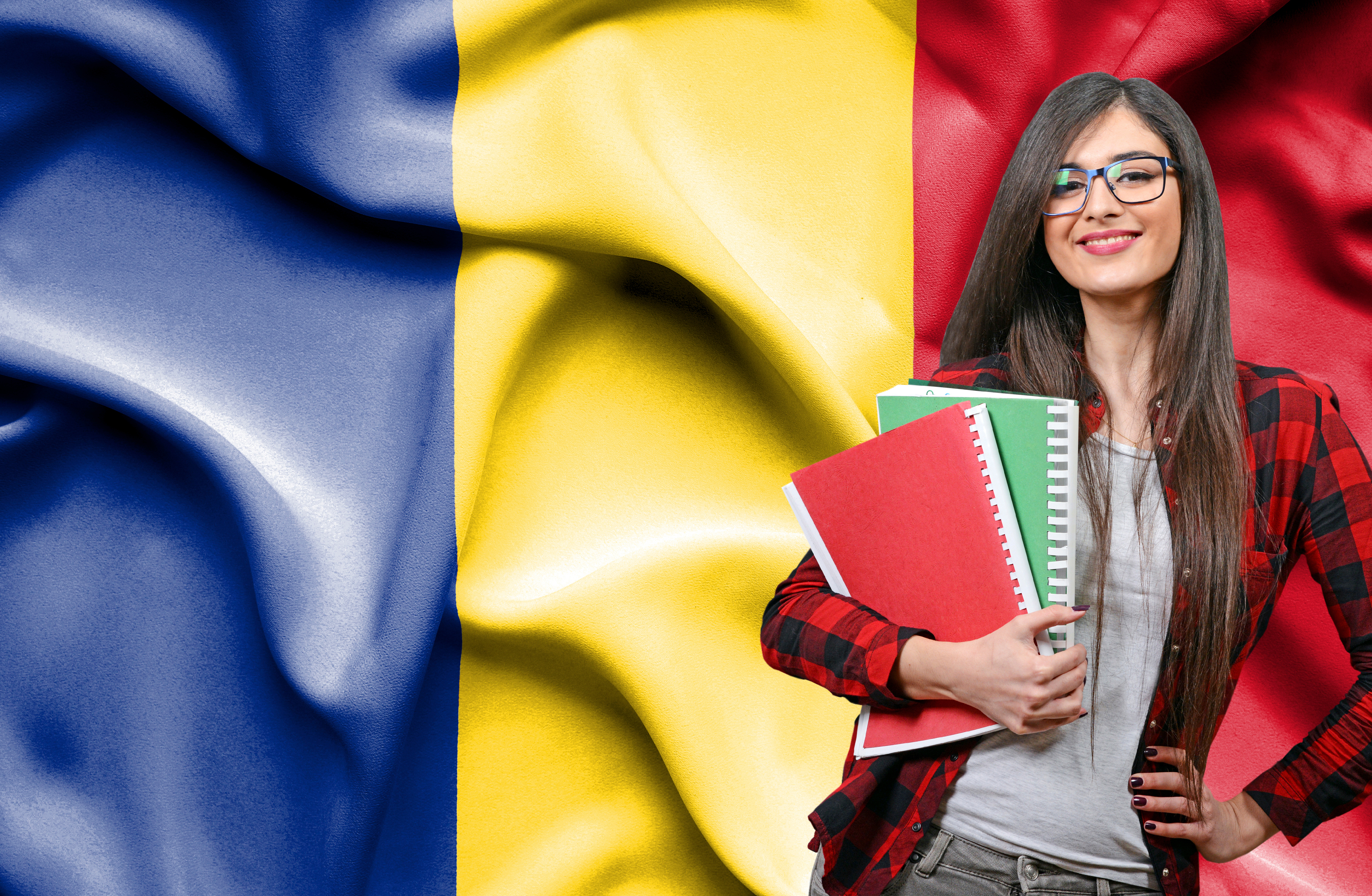 Студентка на фоне флага Румынии, ВНЖ которой можно получить по учебе