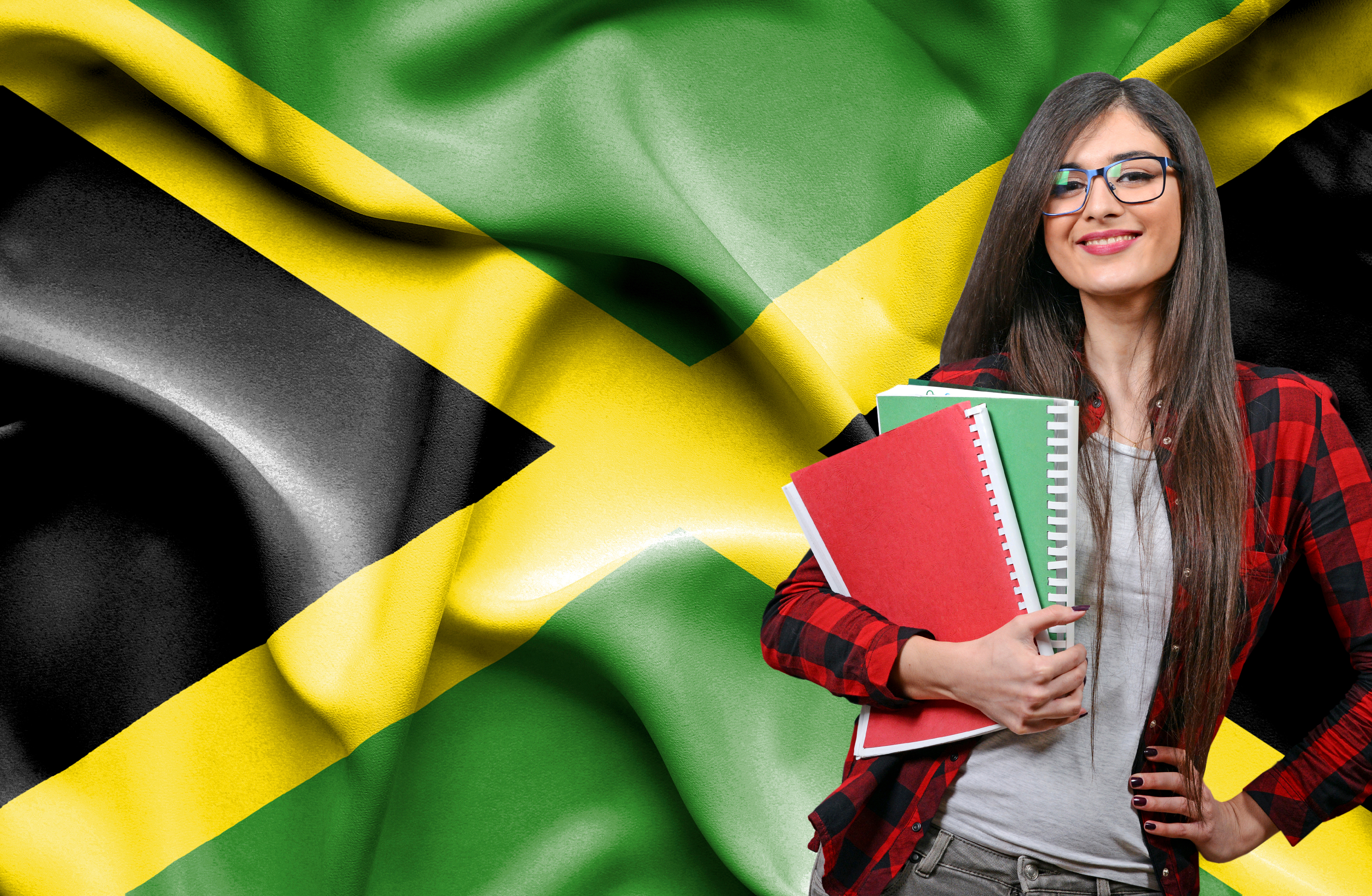 Девушка студентка на фоне флага Ямайки, где есть возможность обучаться для россиян